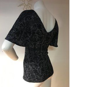 NEW Le Chateau black silver shiny sparkly glitter swirl v-neck top blouse NWT